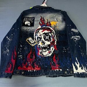 Men's Denim Jacket and Jeans Set with Skull Design - Black and Blue